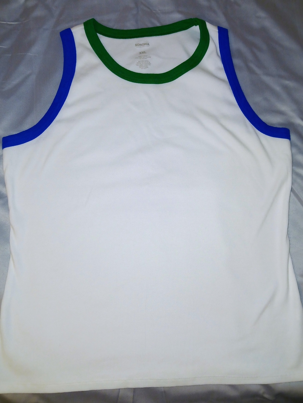 SONOMA White Tank Top with Blue Arm Trim and Green Neckline